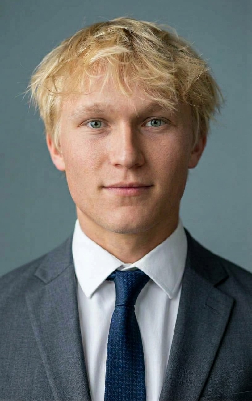 Portrait of Cole Kuipers in a grey suit and navy tie
